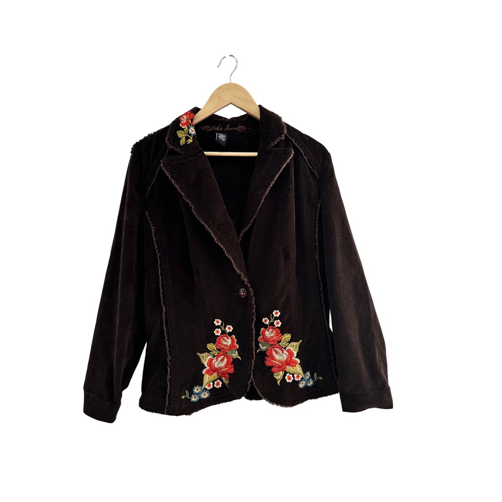Kikit Jeans Brown Corduroy Embroidered Floral Blazer Jacket Western Boho Large